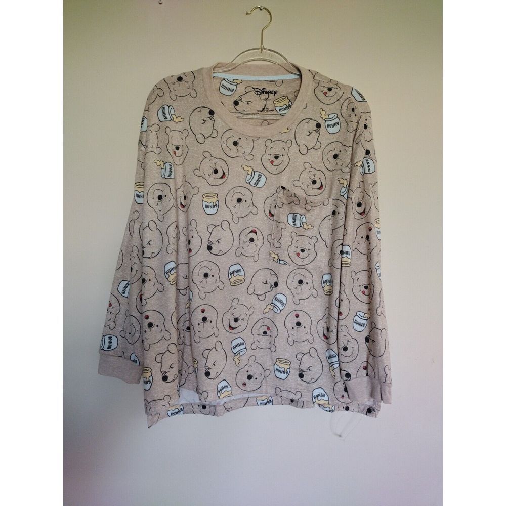 Disney Pajama Set Women XL Tan Winnie the Pooh Lightweight Long Sleeve Crew Neck - Picture 2 of 10